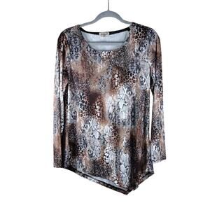 One World Brown Asymmetrical Stretchy Reptile Animal Pattern Long Sleeve Blouse